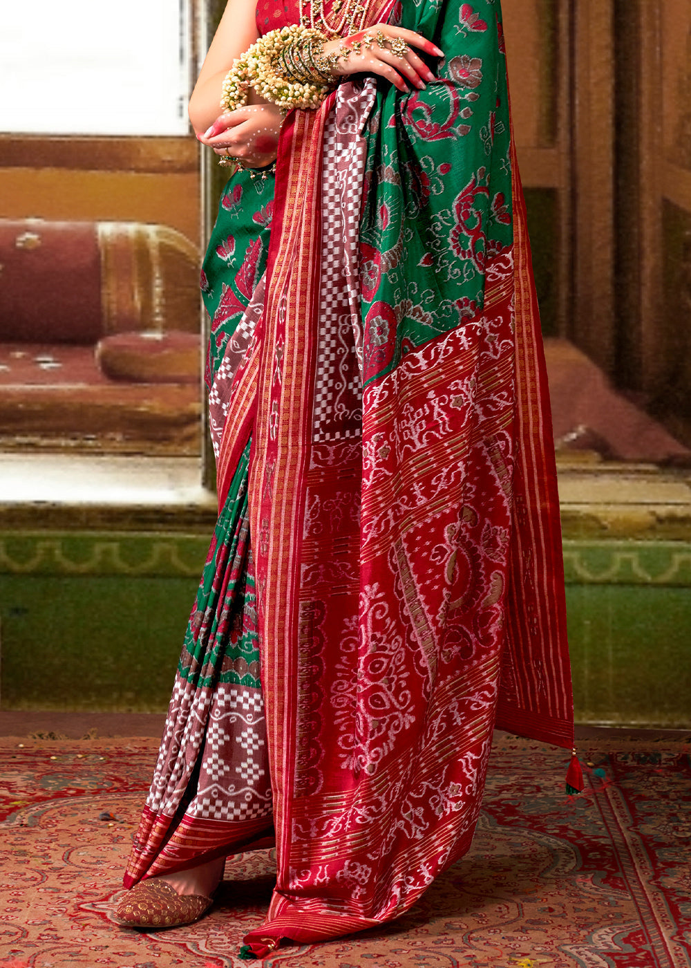 Forest Green Traditional Patola Printed Silk Saree