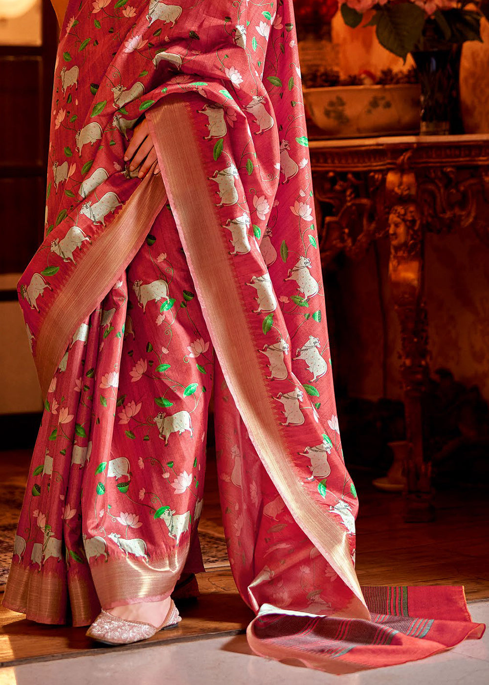 Rouge Pink Printed Manipuri Silk Saree