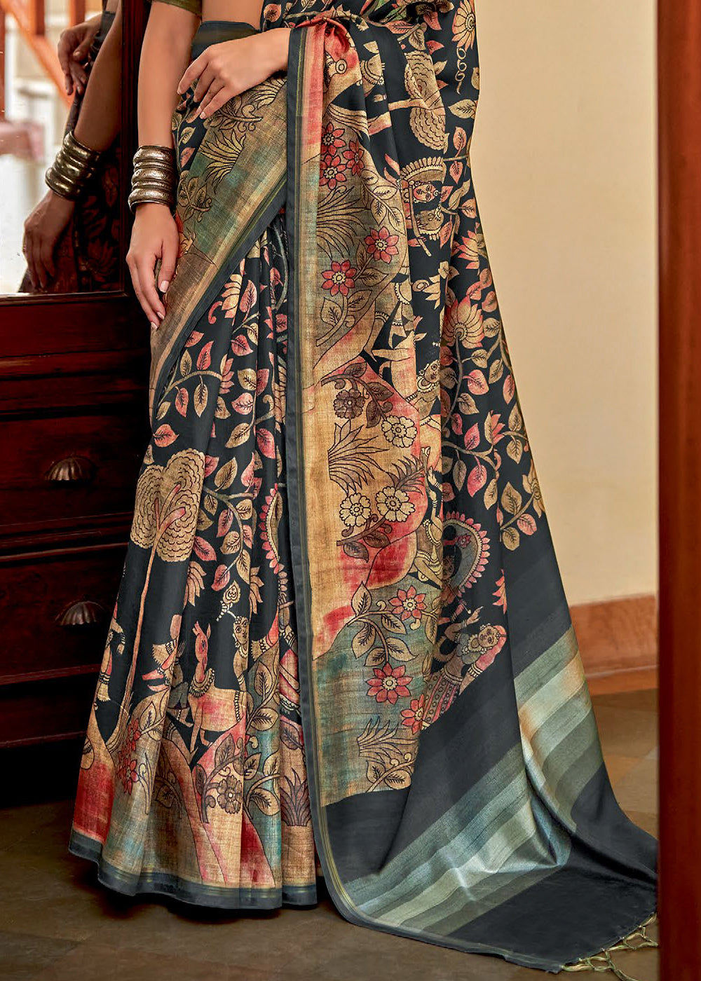 Gunmetal Grey Kalamkari Printed Soft Silk Saree