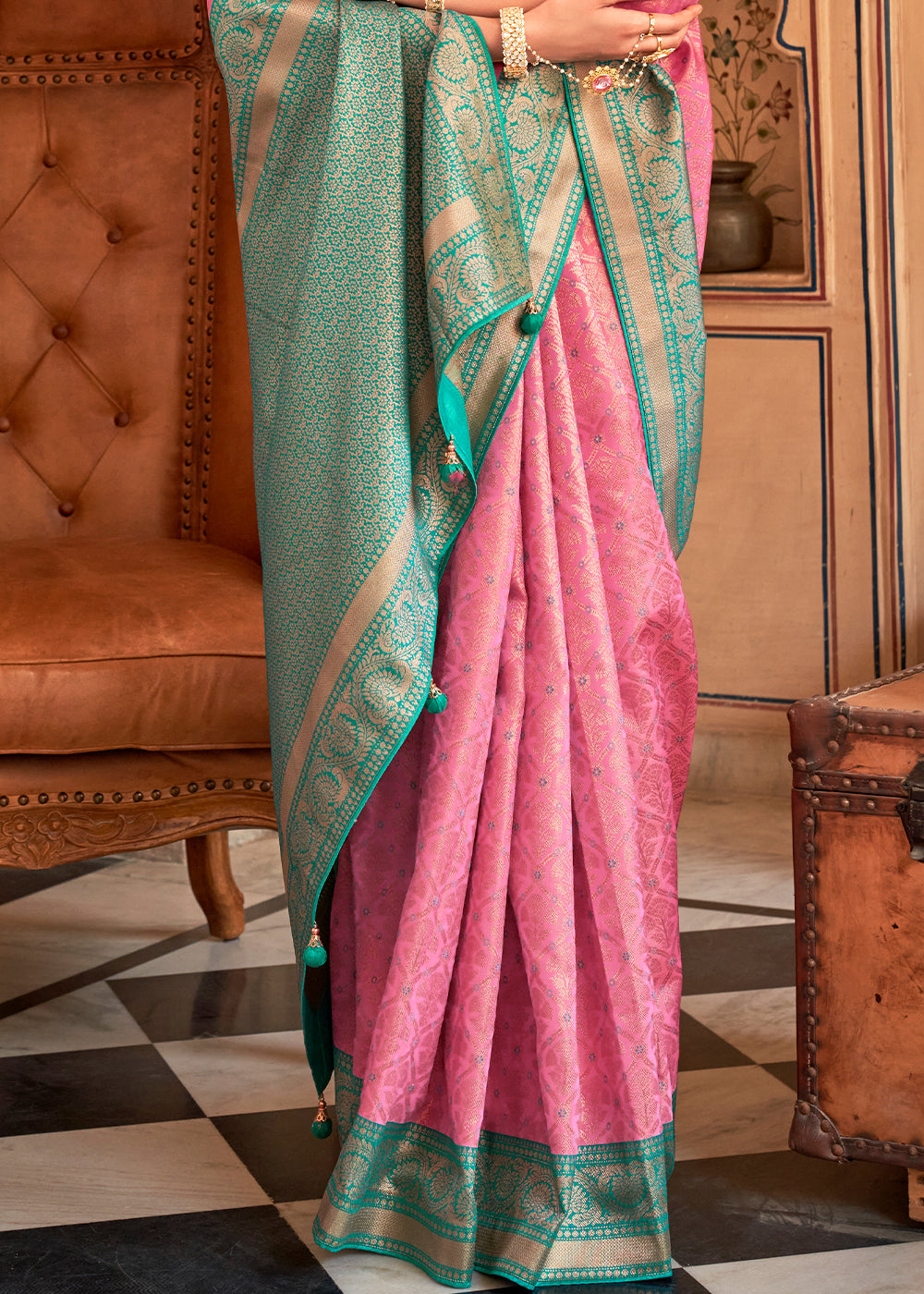 Rose Pink Zari Woven Banarasi Silk Saree