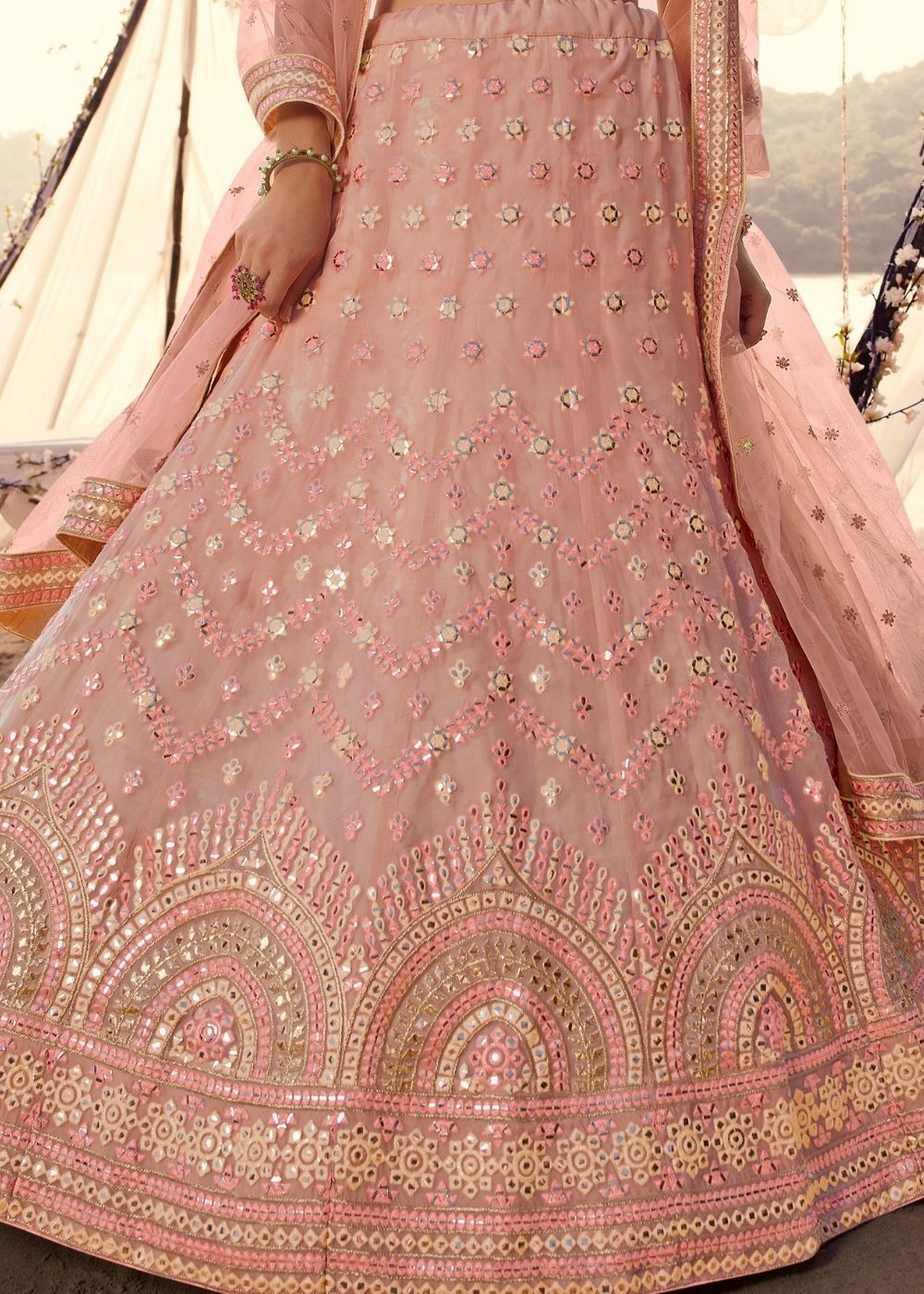 Salmon Pink Organza Lehenga Choli with Thread, Foli and Mirror work (Pre-Order)
