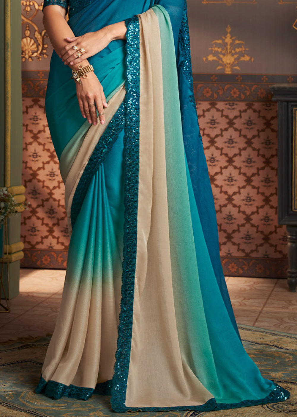 Blue & White Shaded Designer Embroidered Silk Saree