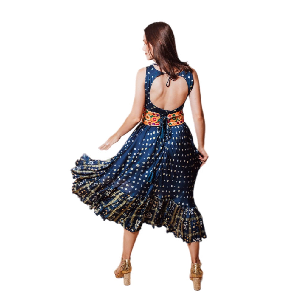 Evelyn Blue Bandhani Tte Dye Dress with Ruffle Trim