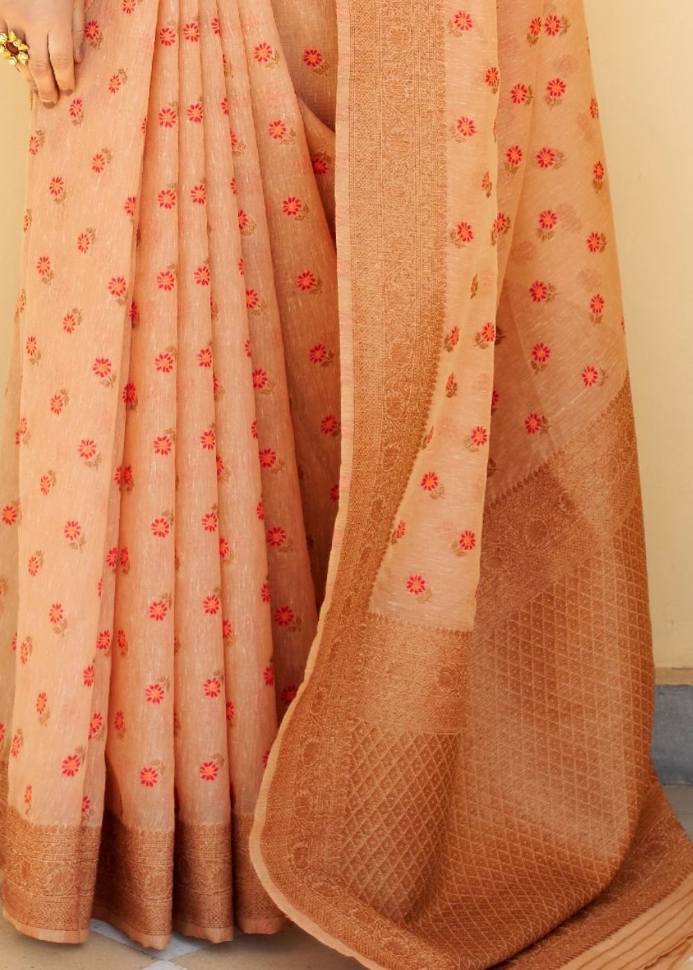 Cantaloupe Orange Pure Linen Woven Silk Saree with Zari work on Border and Pallu
