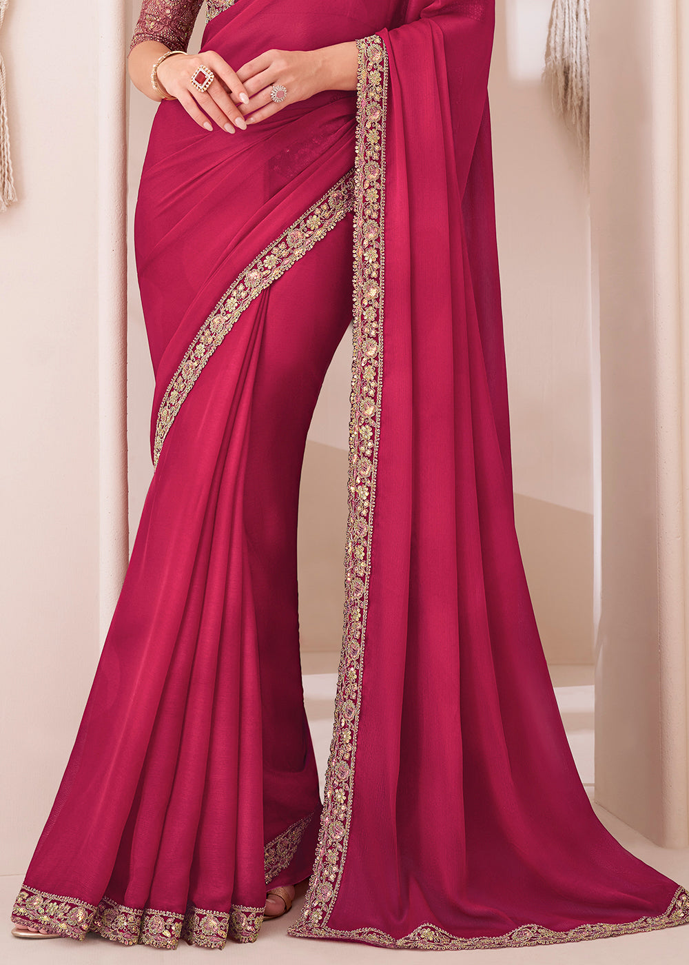 Ruby Pink Designer Embroidered Satin Chiffon Saree