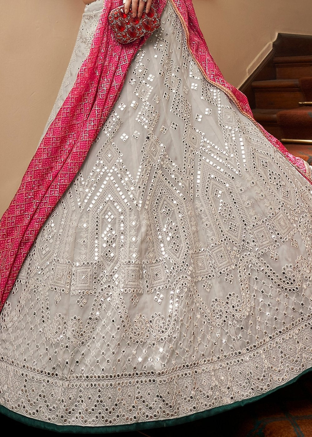 Silver Grey Organza Lehenga with Sequins, Gota, Mirror & Resham work