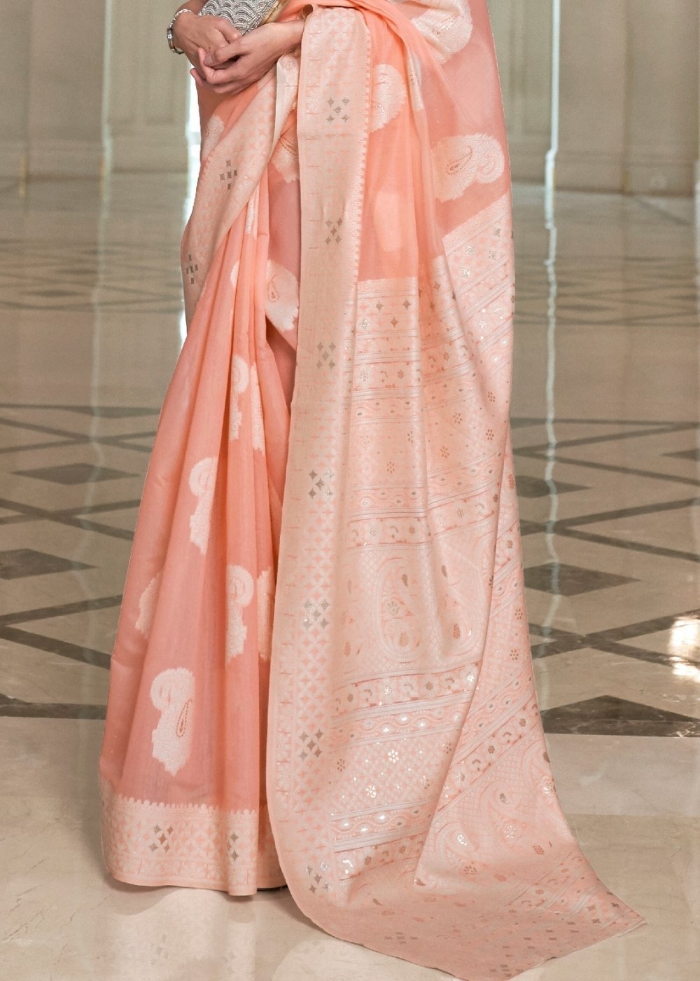 Salmon Orange Lucknowi Chikankari Weaving Silk Saree