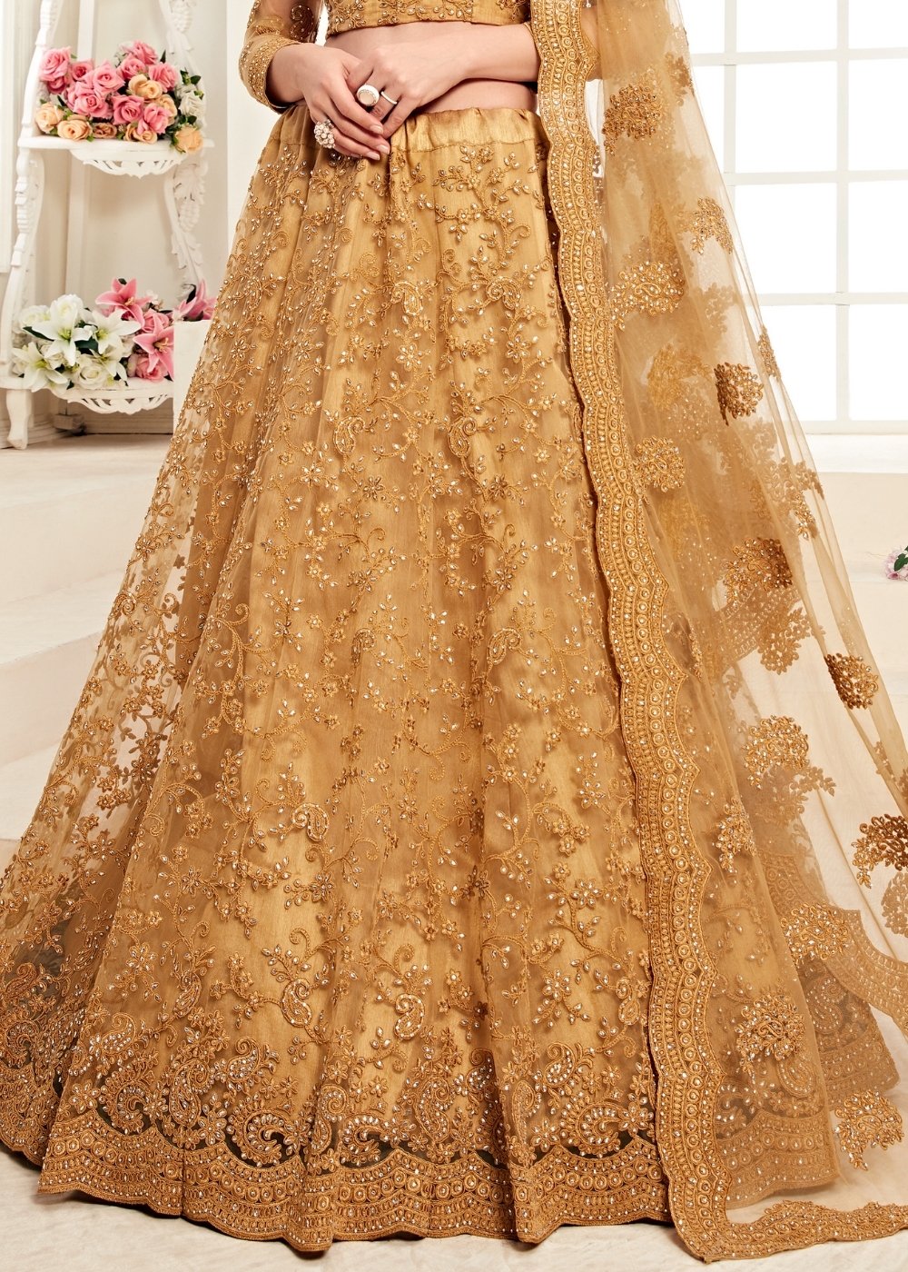 Caramel Brown Soft Net Lehenga Choli with Cording Embroidery & Stonework