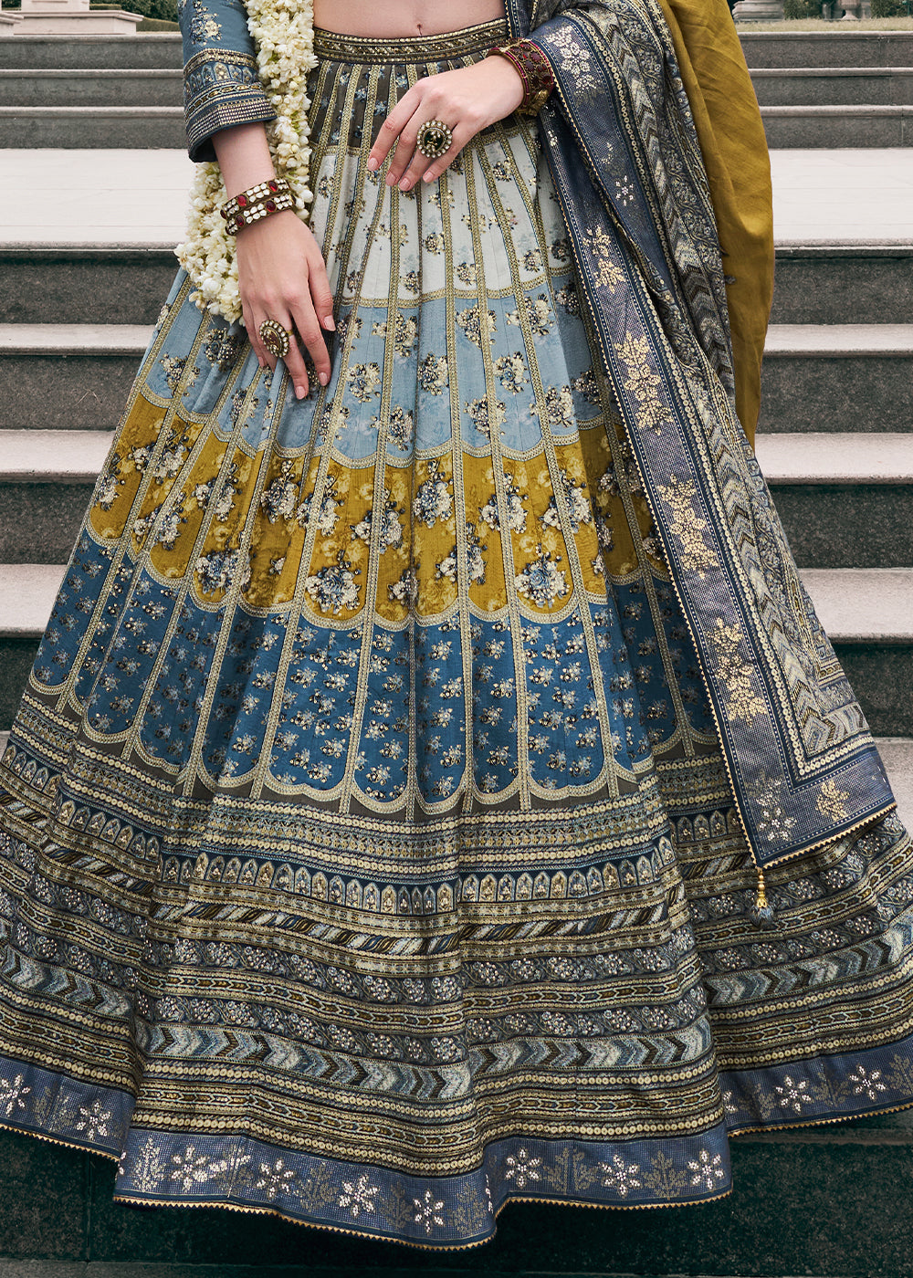 Shades Of Grey Floral Printed Banarasi Silk lehenga Choli Having Embellishment work