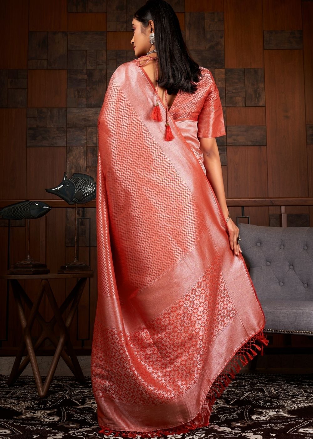 Indian Red Silver Zari work Kanjivaram Silk Saree