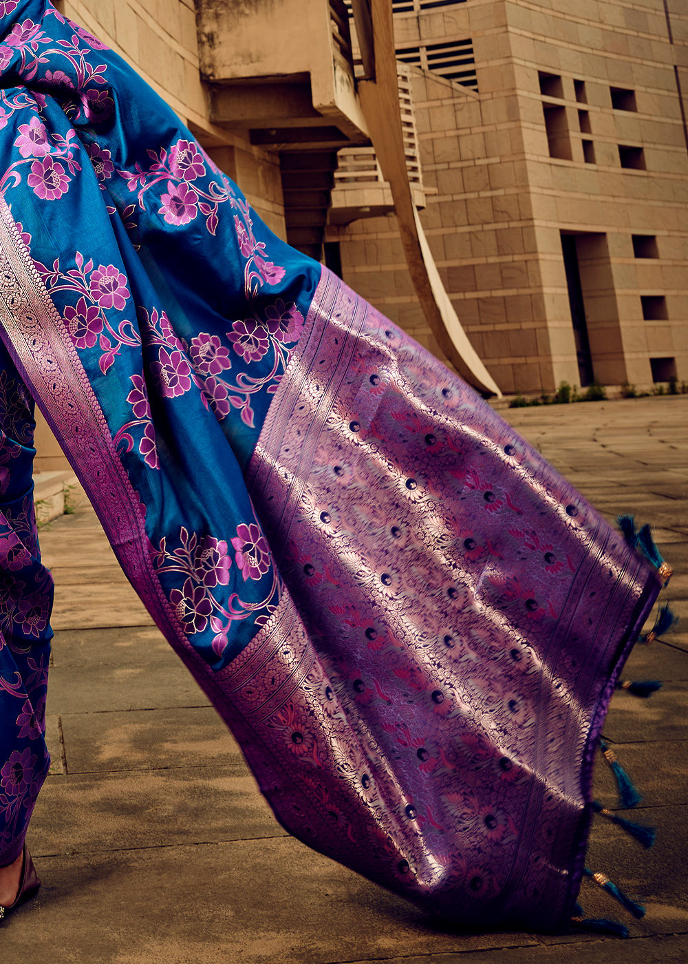 Azure Blue Zari Woven Satin Silk Saree