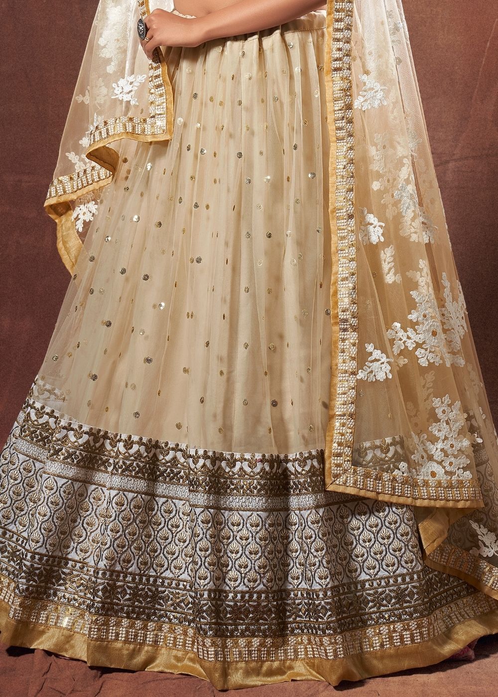 Beige Designer Soft Net Lehenga Choli with Resham, Zari & Sequins work