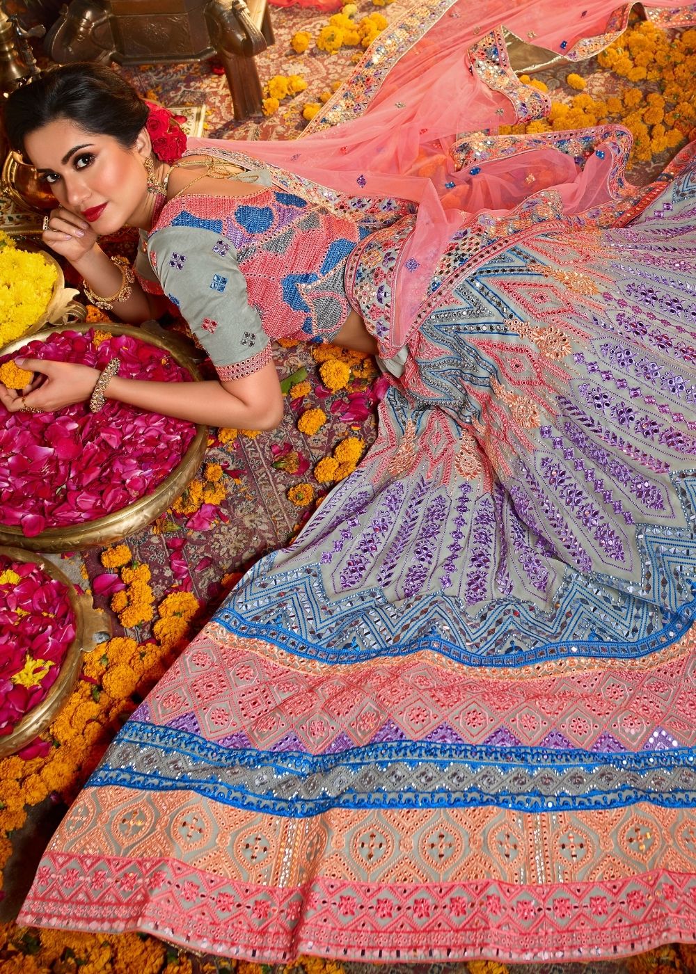 Sky Blue Organza Designer Lehenga Choli with Foil, Mirror, Thread and Zarkan work (Pre-Order)