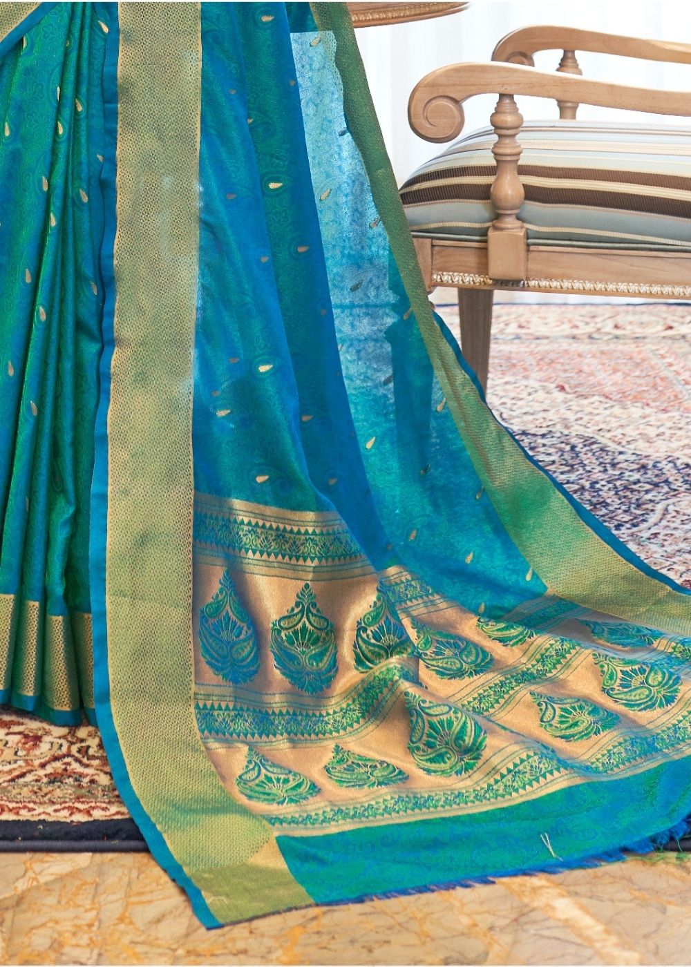 Cerulean Blue Ultra Soft Kanjivaram Silk Saree with Zari Border and Pallu