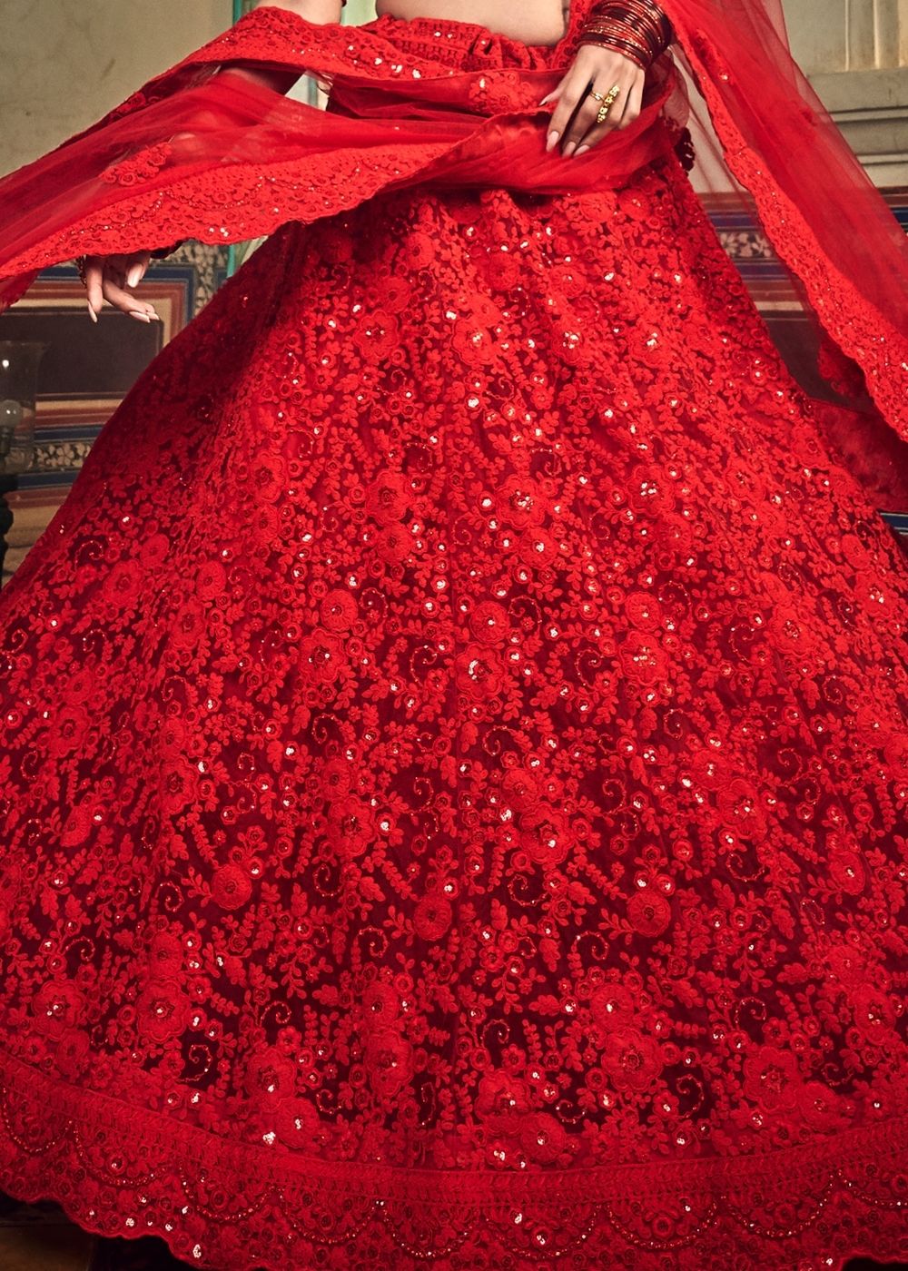 Chilli Red Soft Net Lehenga Choli with Sequins,Dori & Zarkan work
