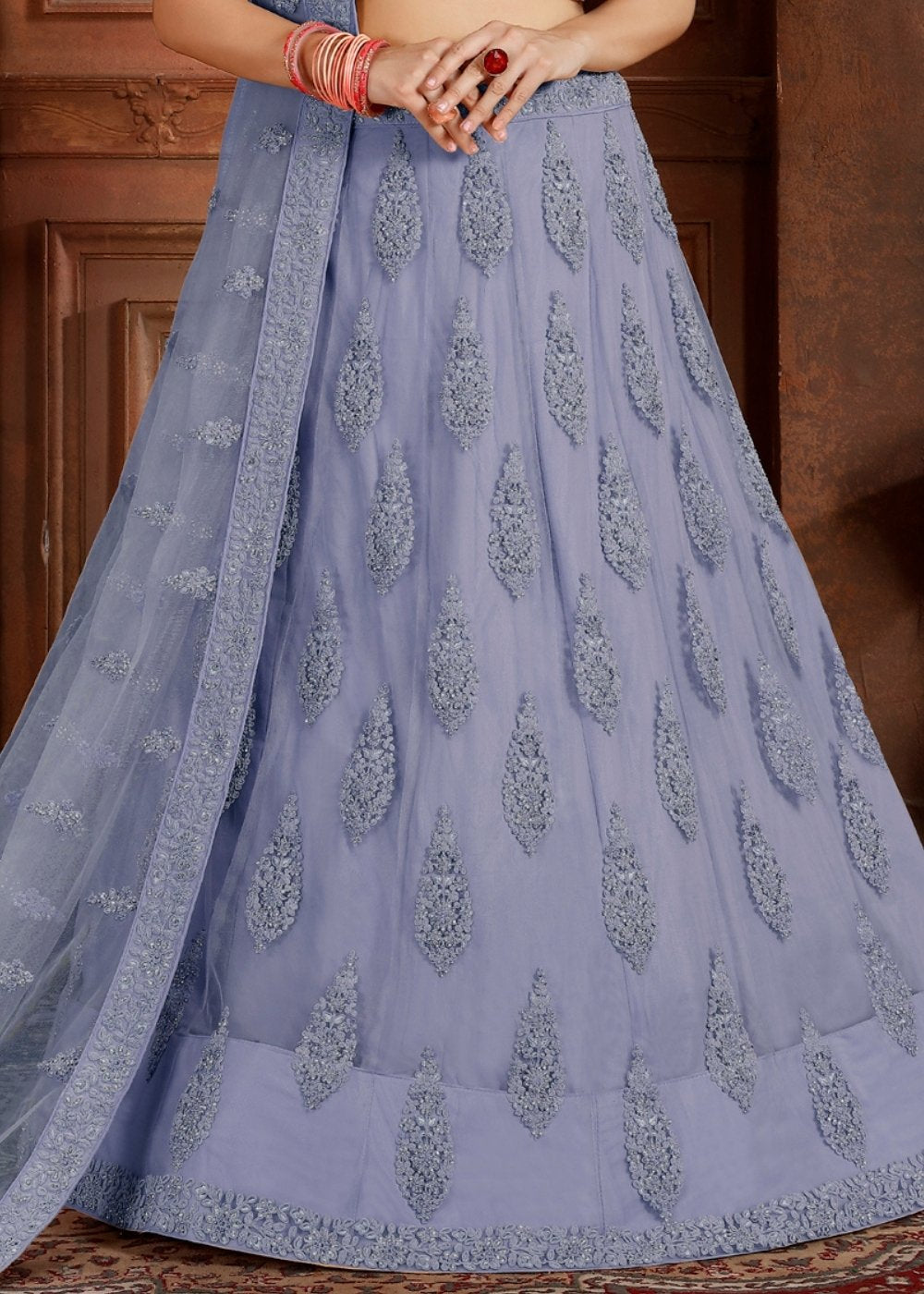 Steel Blue Soft Net Lehenga Choli with Thread, Zarkan & Pearl work
