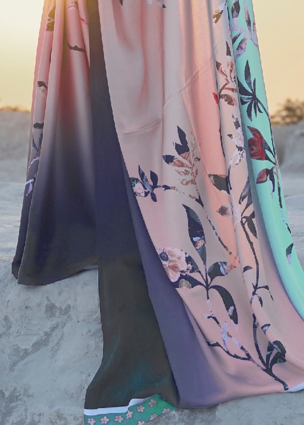 Arctic Blue and Pink Digital Printed Crepe Silk Saree: Top Pick