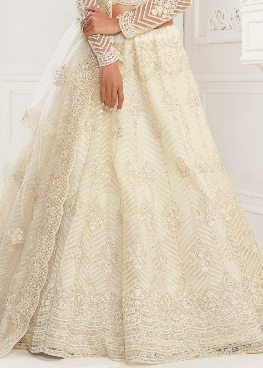 Off White Soft Net Lehenga Choli with Cording Embroidery & Stonework