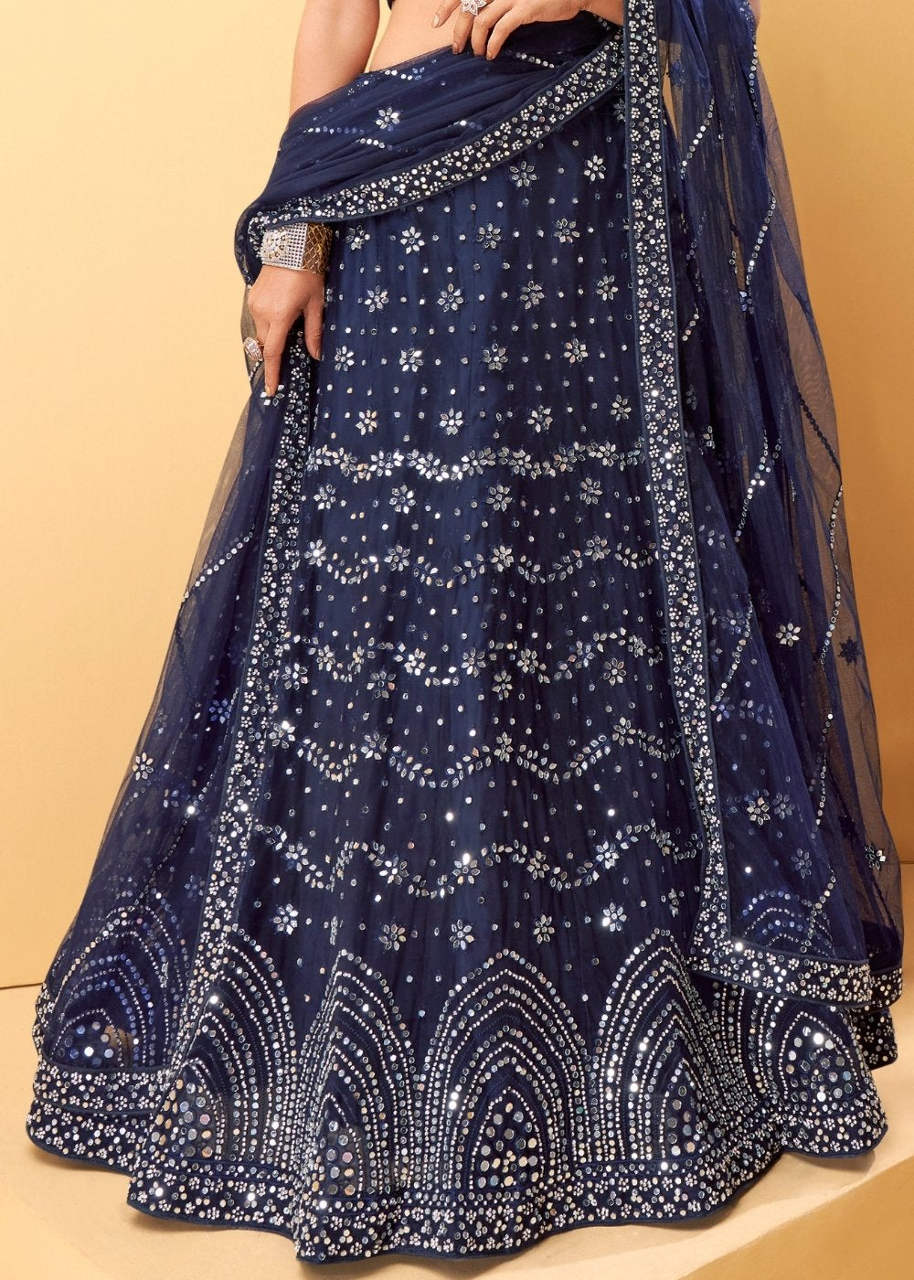 Denim Blue Net Lehenga Choli with Thread Embroidery,Mirror & Zarkan work