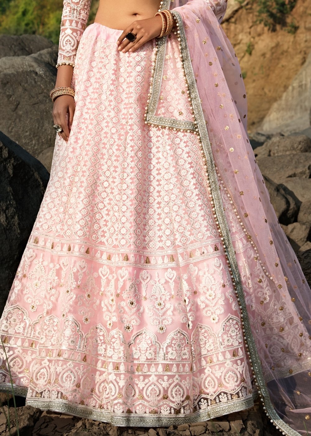 Pale Pink Designer Soft Net Lehenga Choli with Sequins, Thread & Zari work