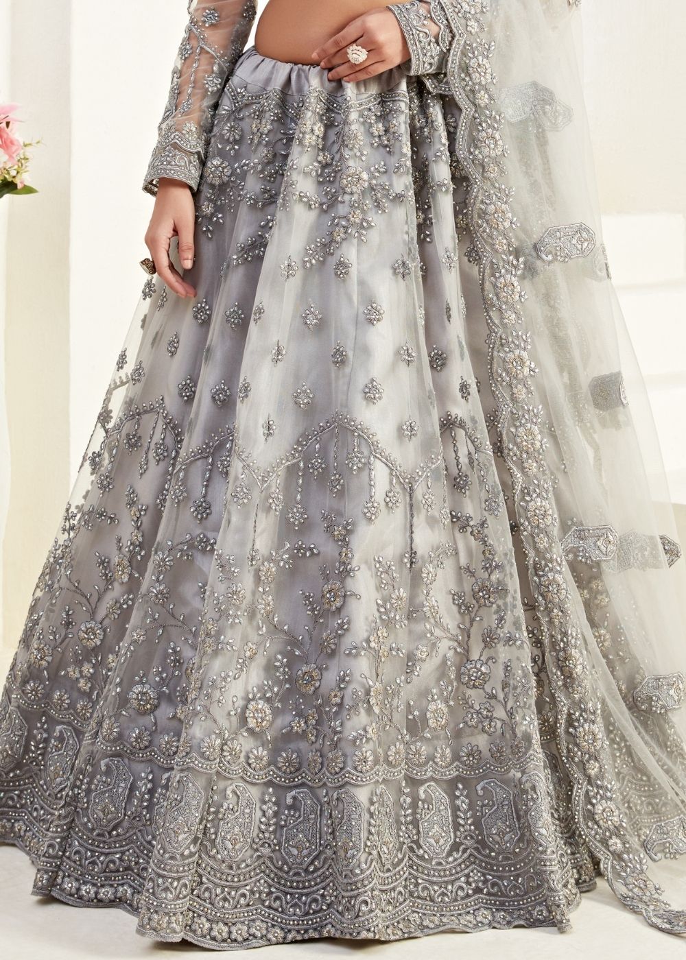 Pewter Grey Soft Net Lehenga Choli with Coding, Thread, Stonework & Badla Embroidery(Pre-order)