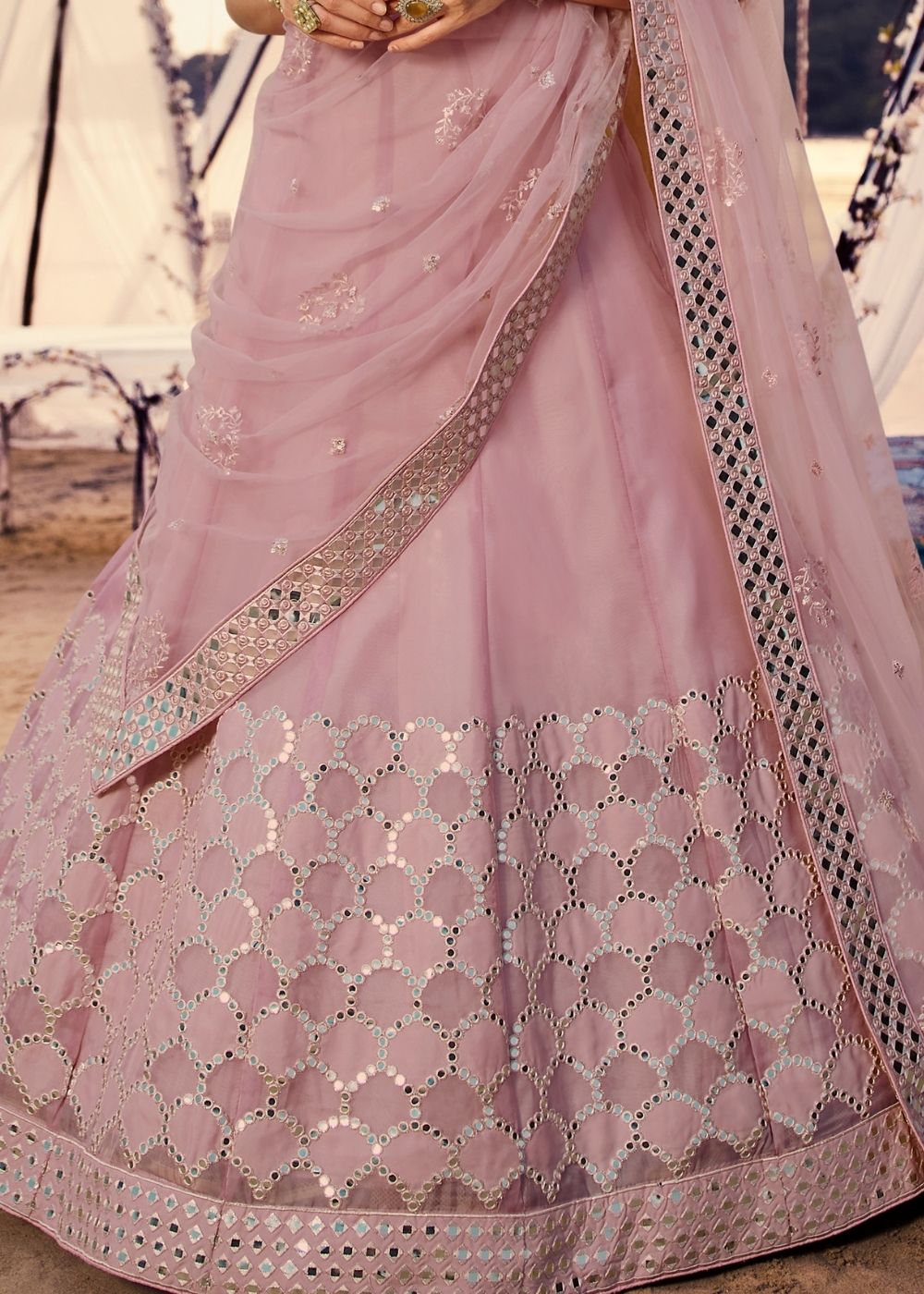 Taffy Pink Organza Lehenga Choli with Thread, Foli and Mirror work