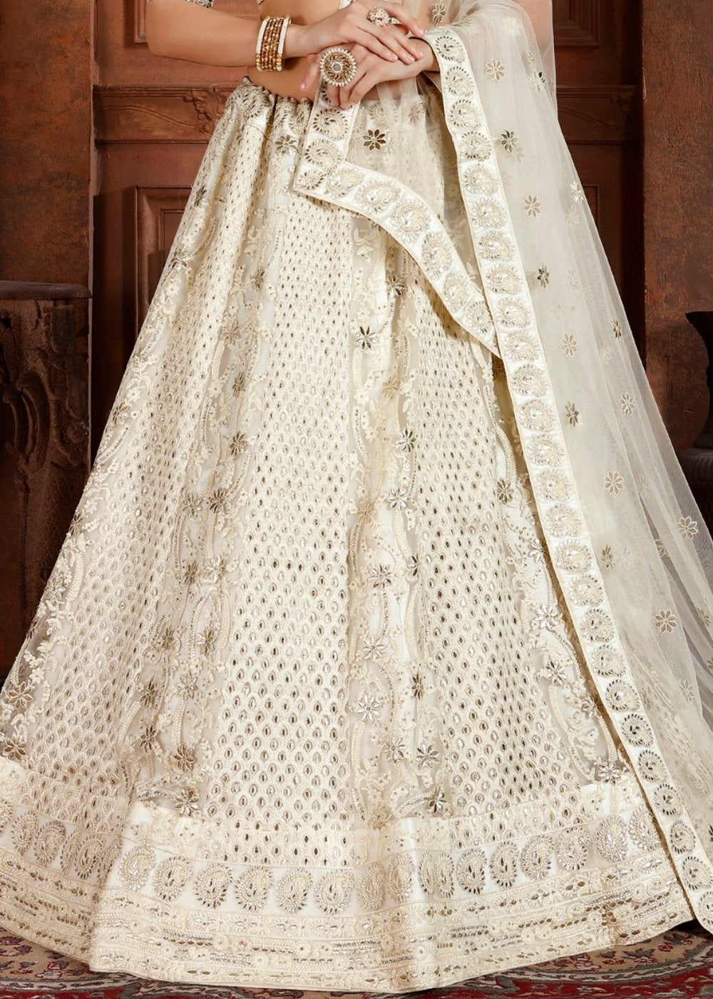 Daisy White Soft Net Lehenga Choli with Thread,Zari, Zarkan & Pearl work
