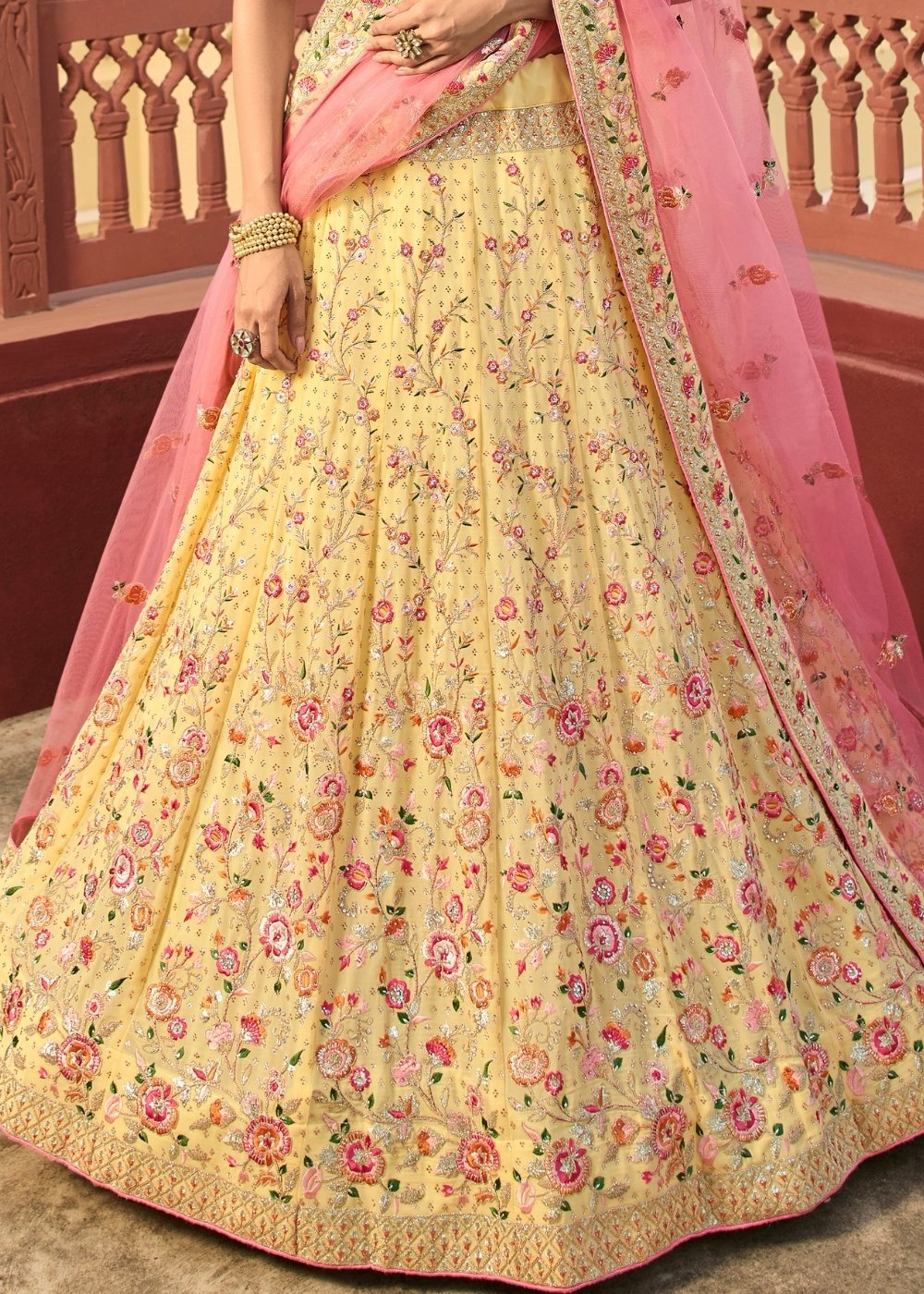 Daffodil Yellow Lehenga Choli with Zari, Dori, Swarvoski, Thread & Zarkan work
