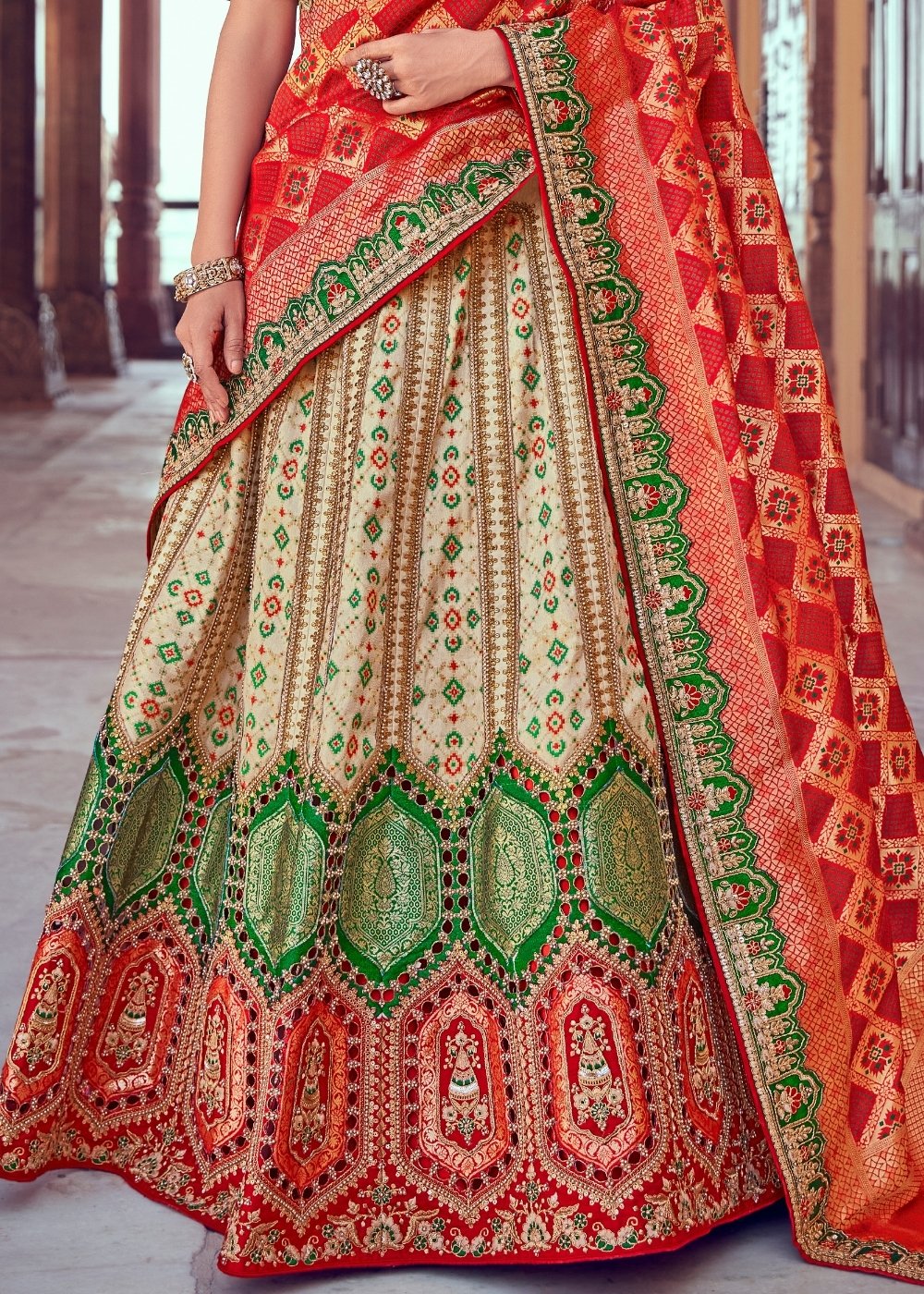 Cream White & Red Banarasi Silk Lehenga Choli with Khatli work Embroidery