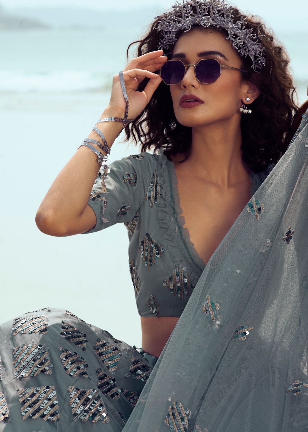 Anchor Grey Soft Net Designer Lehenga Choli with overall Sequins and Thread work(Pre-Order)