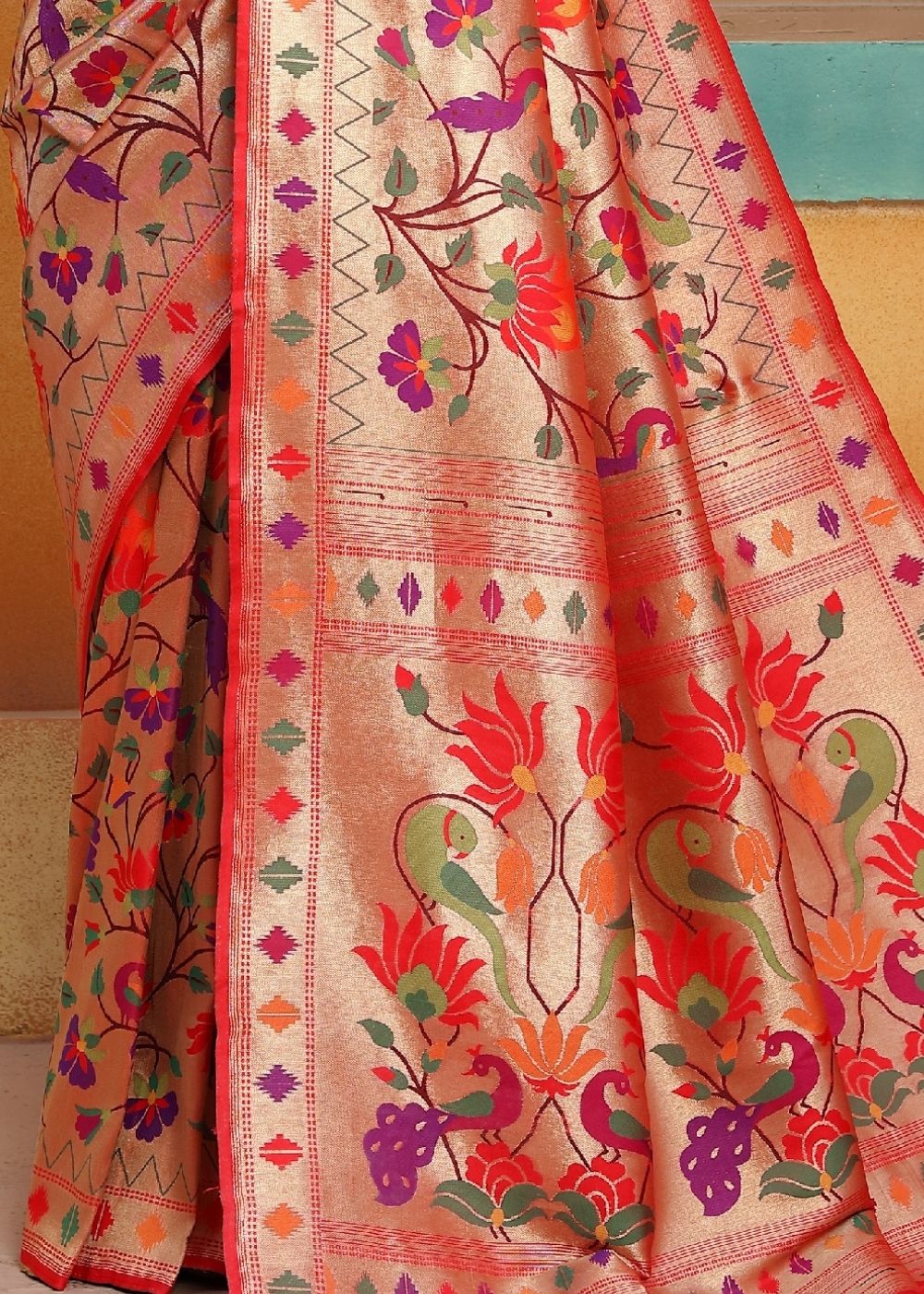 Cherry Red and Golden Blend Paithani Silk Saree