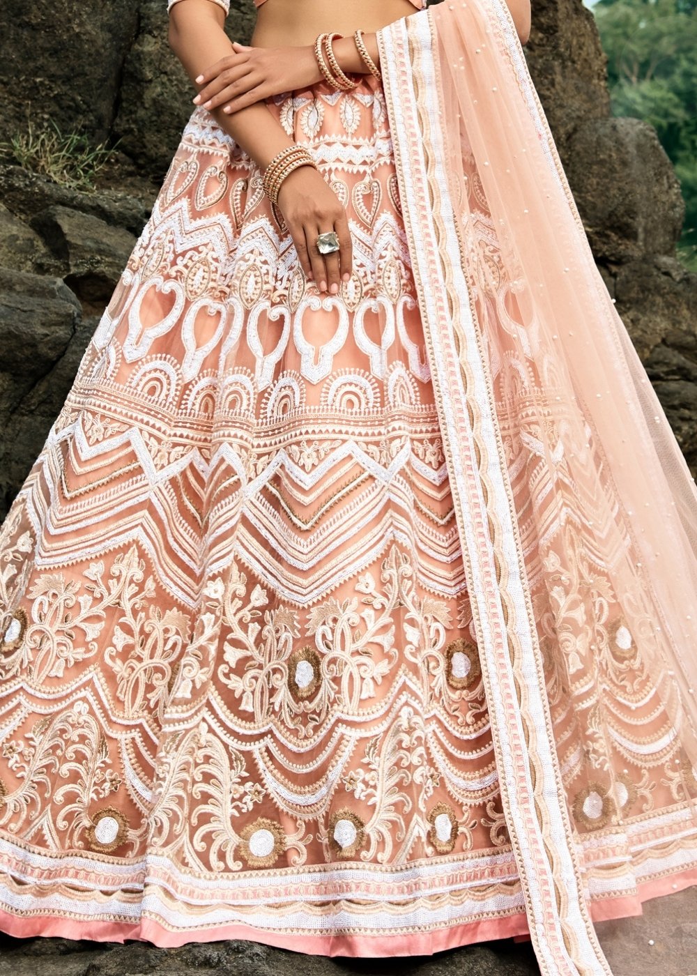 Peach Pink Designer Soft Net Lehenga Choli with Sequins, Thread & Zari work