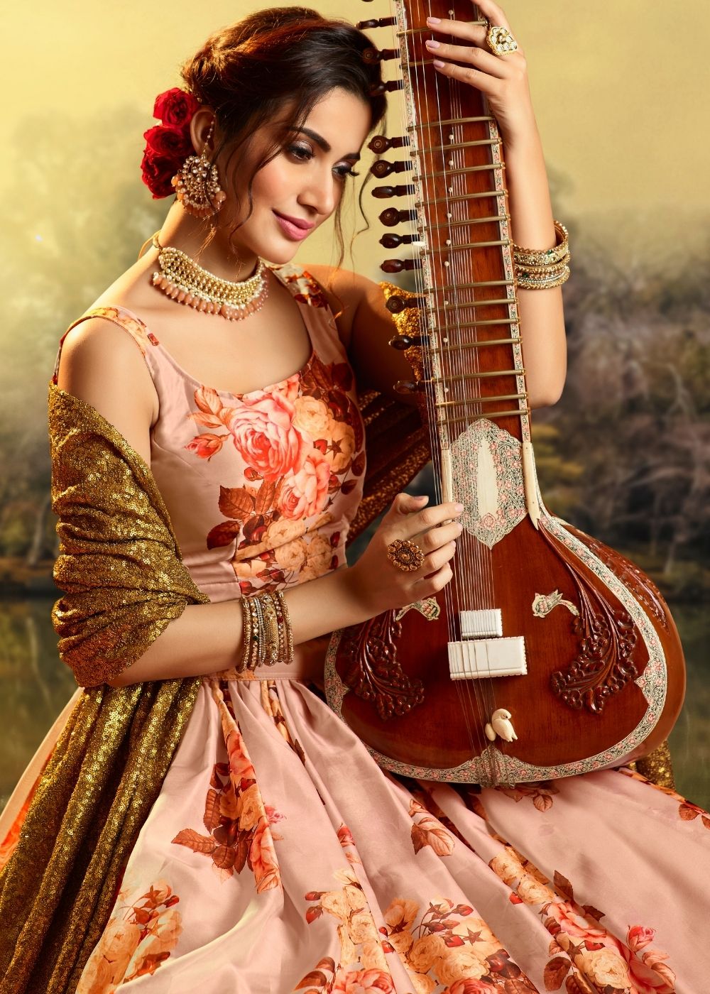 Coral Pink Organza Designer Printed Floral Lehenga Choli with Sequins and Zari work