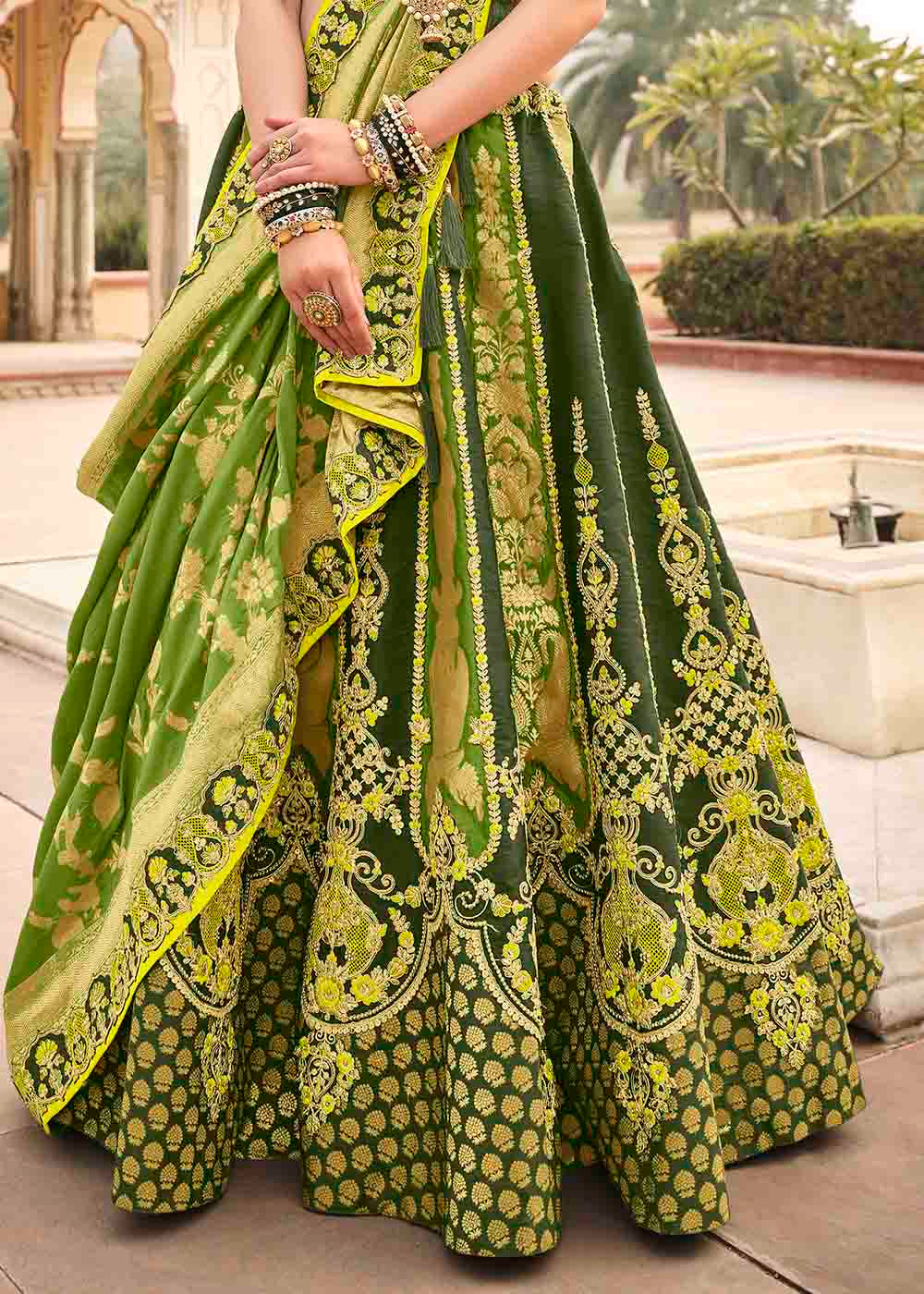Shades Of Green Banarasi Silk Lehenga Choli with Khatli work Embroidery