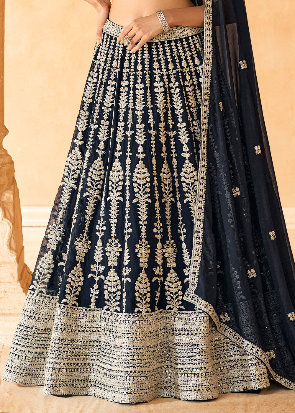 Pebble Black Ready to Wear Georgette Lehenga With Embroidered work Front & Back