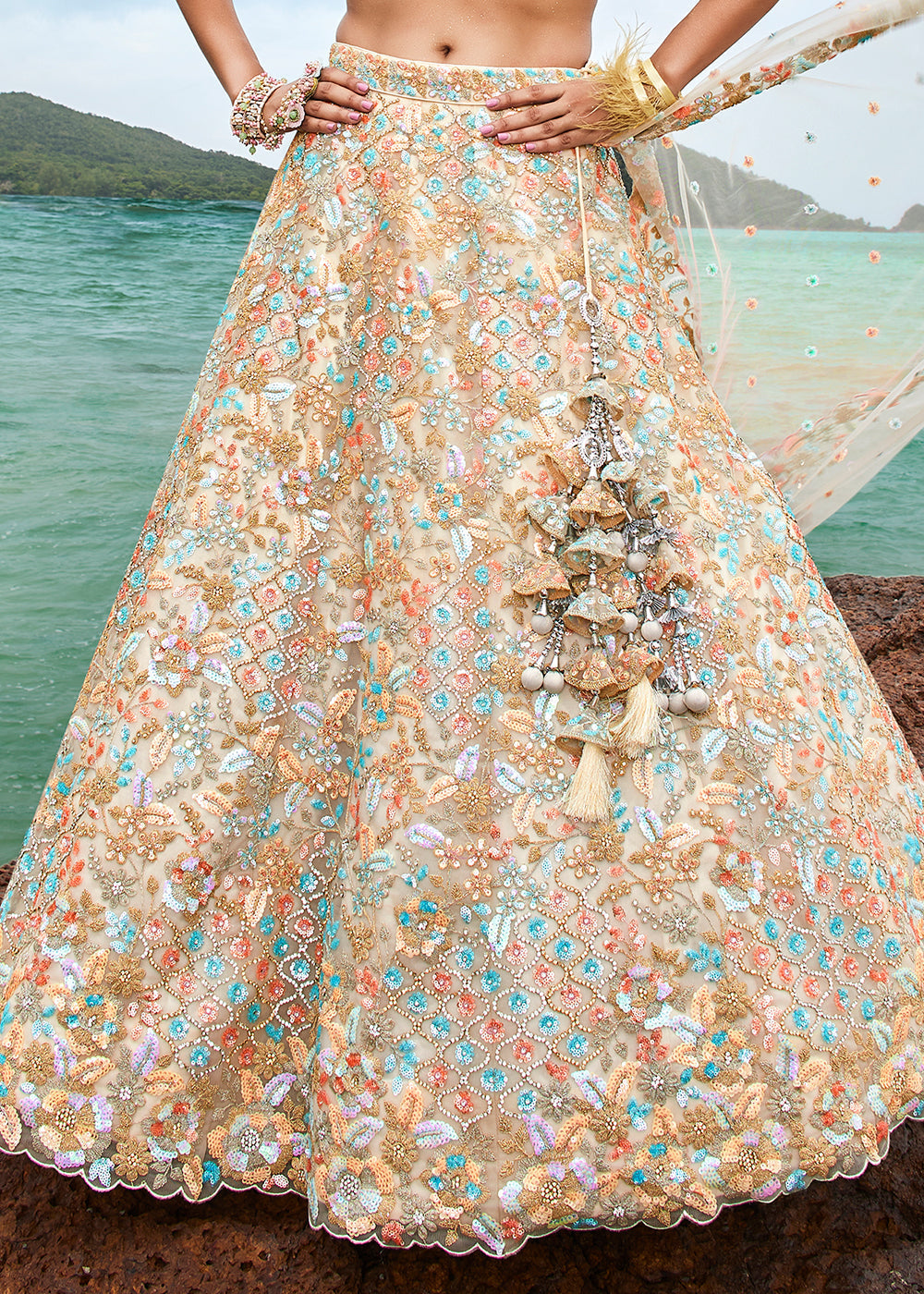 Ivory White Net Lehenga Choli with Sequins,Coding & Zarkan work