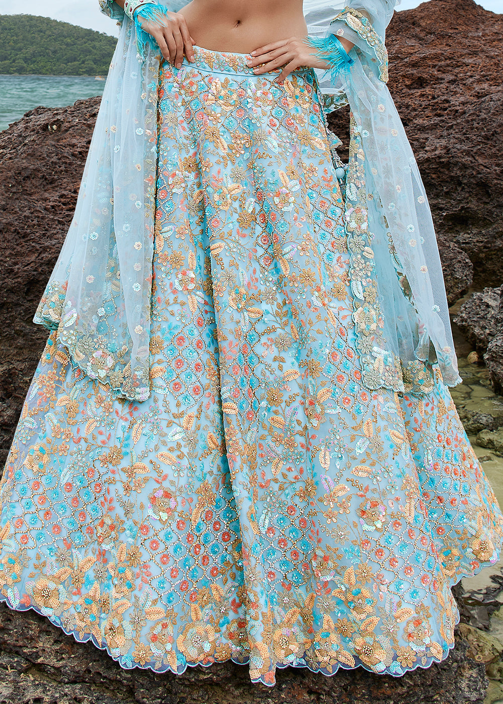 Maya Blue Net Lehenga Choli with Sequins,Coding & Zarkan work