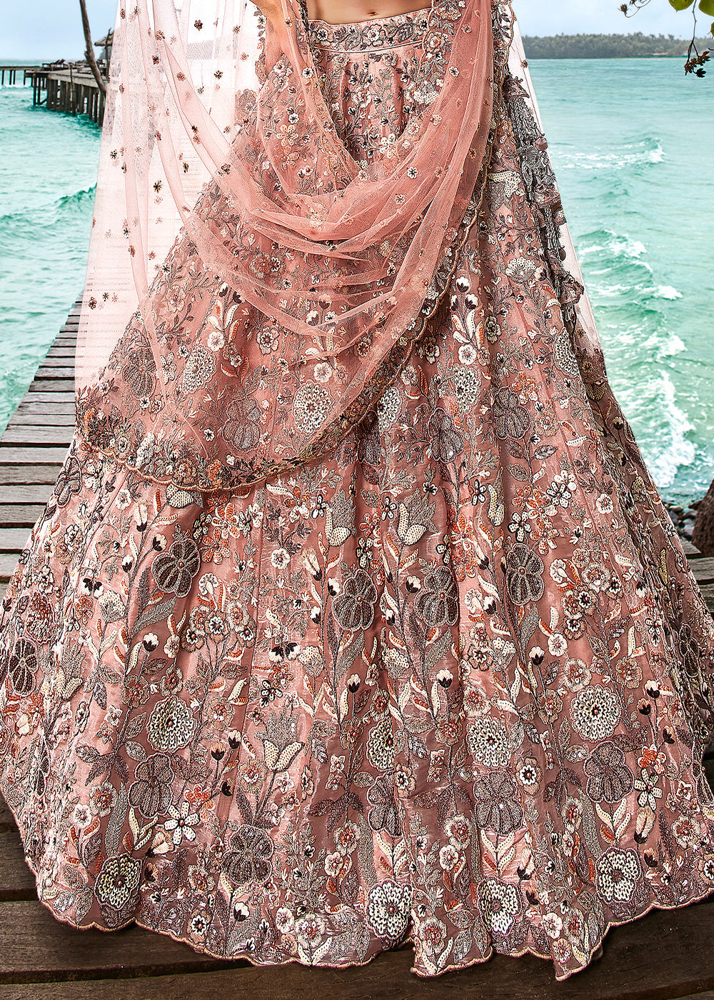 Steel Grey Organza Lehenga Choli with Thread Embroidery, Moti & Sequins work