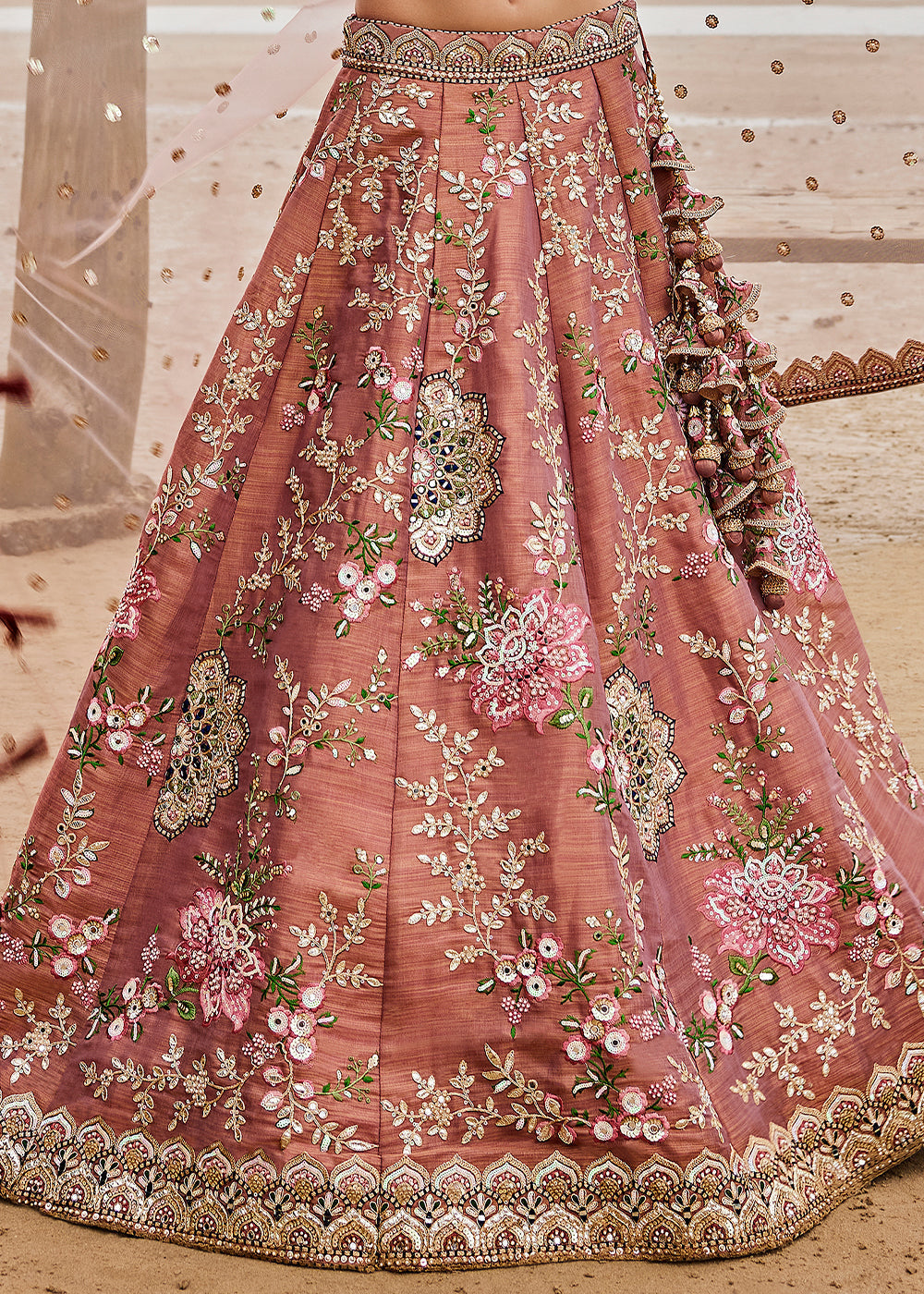 Rust Brown Net Lehenga Choli with Sequins,Coding, Mirror & Moti work