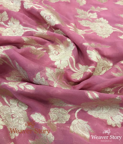 Handwoven Pink Banarasi Georgette Dupatta with Blue Borders