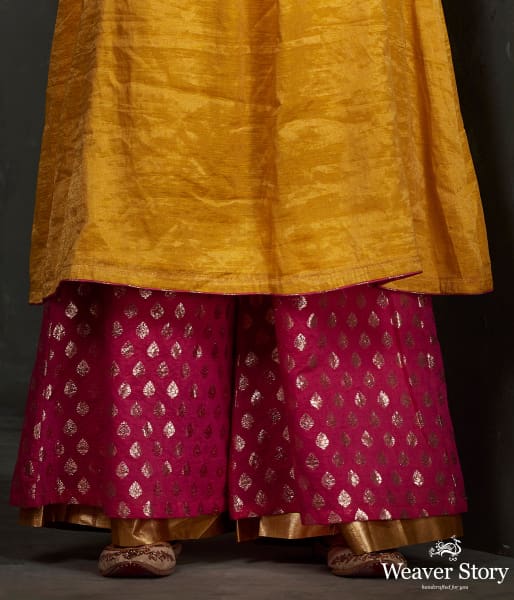 Hand embroidered munga silk suit in mustard color with brocade palazzo