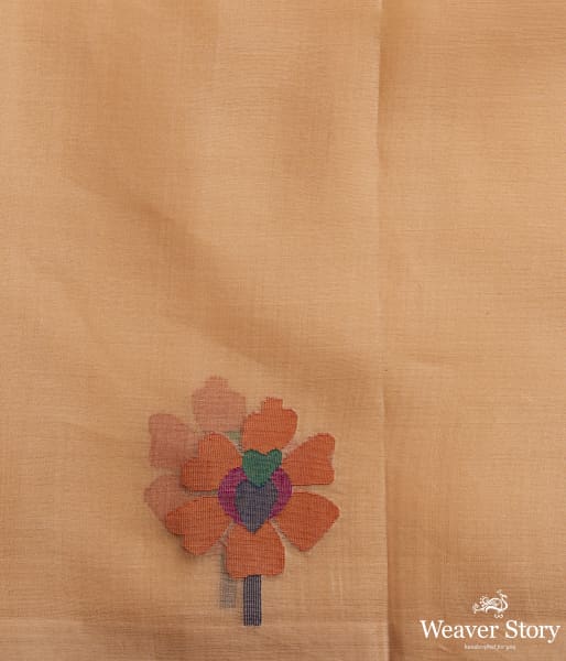 Handwoven Khaki Muslin Dhakai Jamdani Saree with Floral Motif and Heavy Pallu