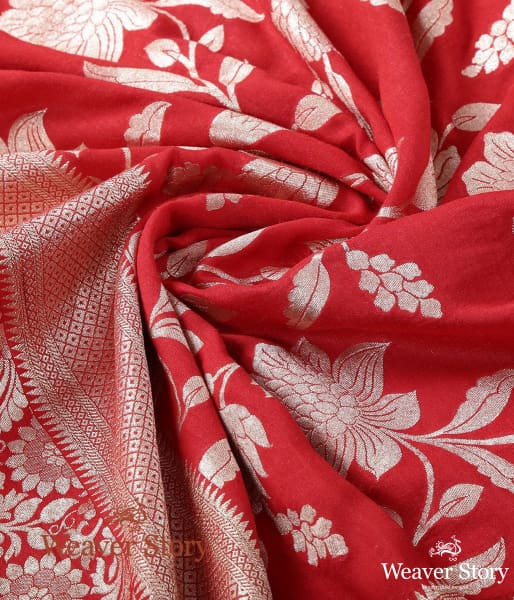 Handwoven Red Munga Silk Dupatta with Cutwork Jaal