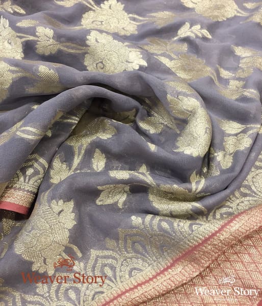Handwoven Grey Banarasi Georgette Dupatta with Pink Border