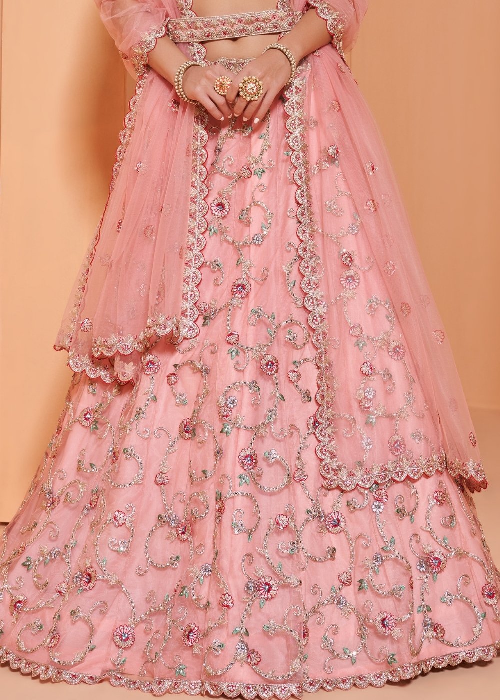 Creamy Pink Net Lehenga Choli with Cording,Thread Embroidery, Zarkan & Badla work