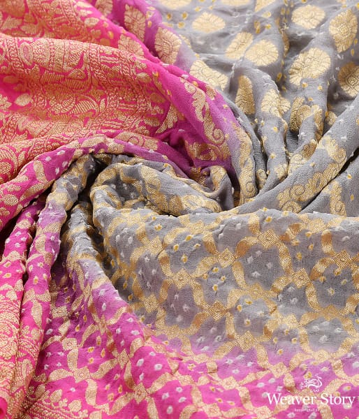 Handwoven Pink Grey Banarasi Bandhej Dupatta