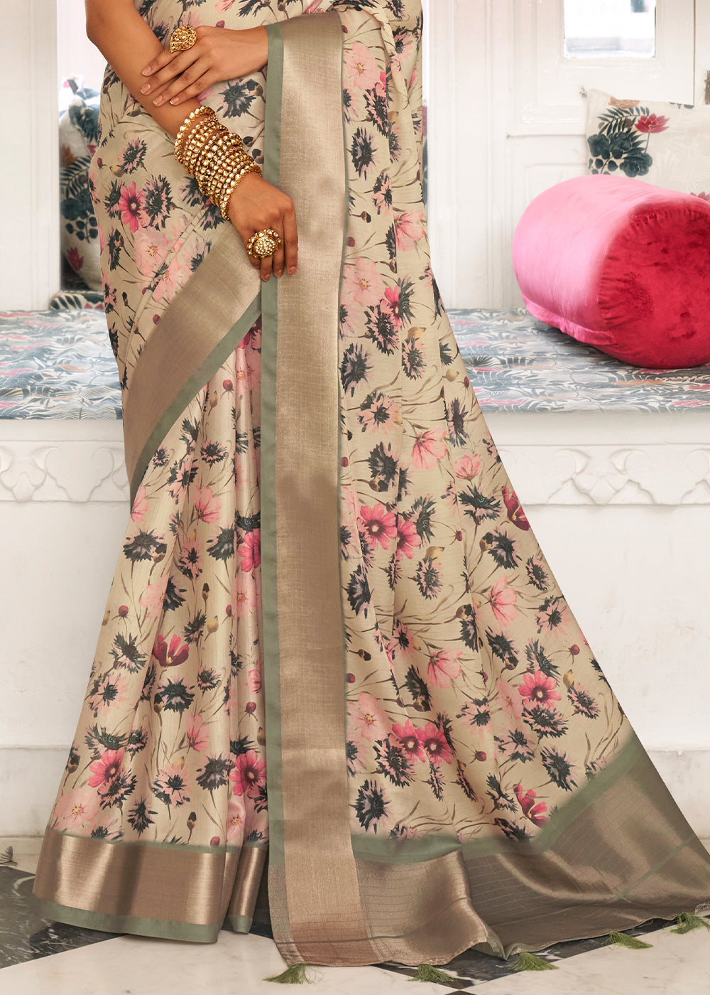 Parchment White Digital Printed Dola Silk Saree