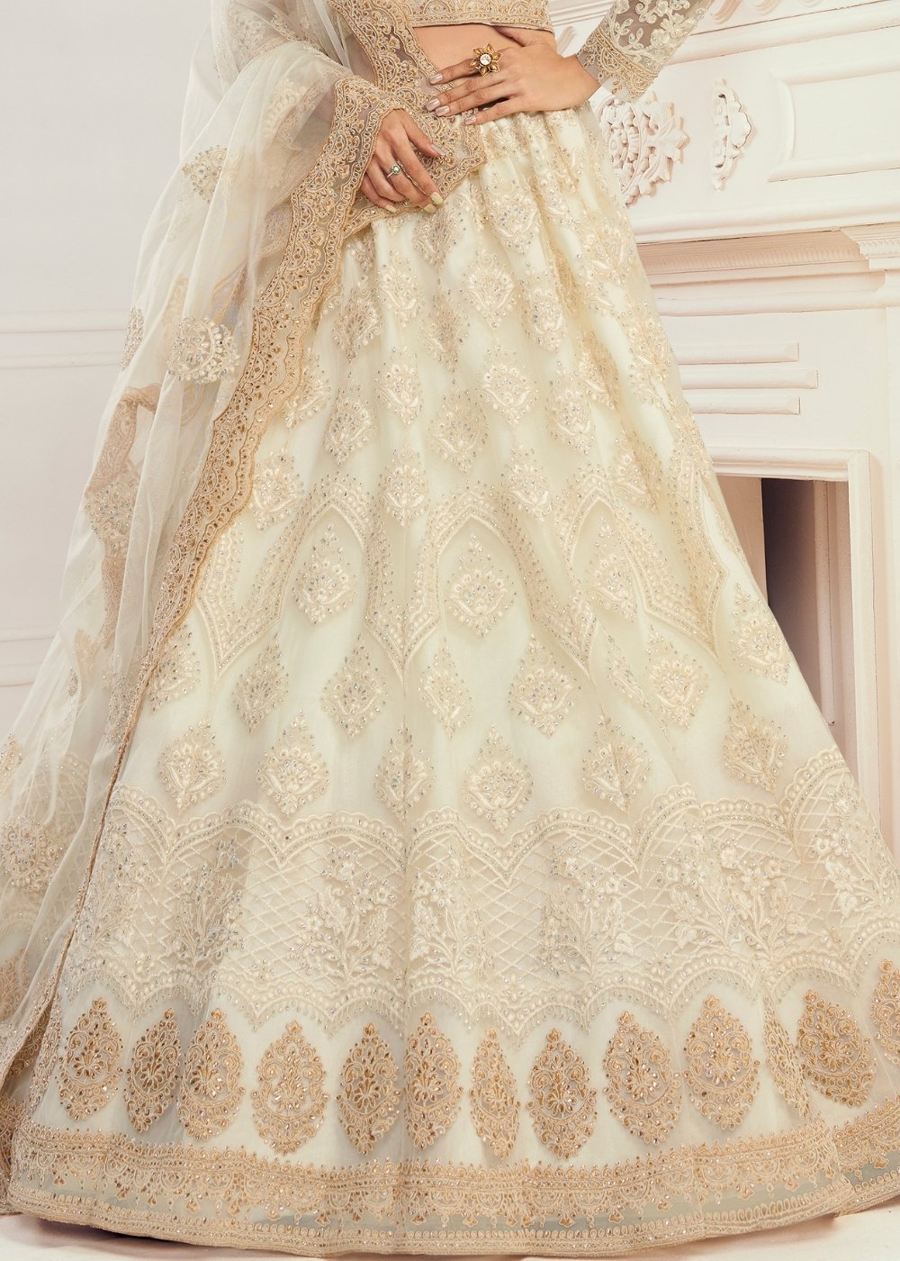 Ivory White Soft Net Lehenga Choli with Cording, Stonework, Thread & Zari Embroidery