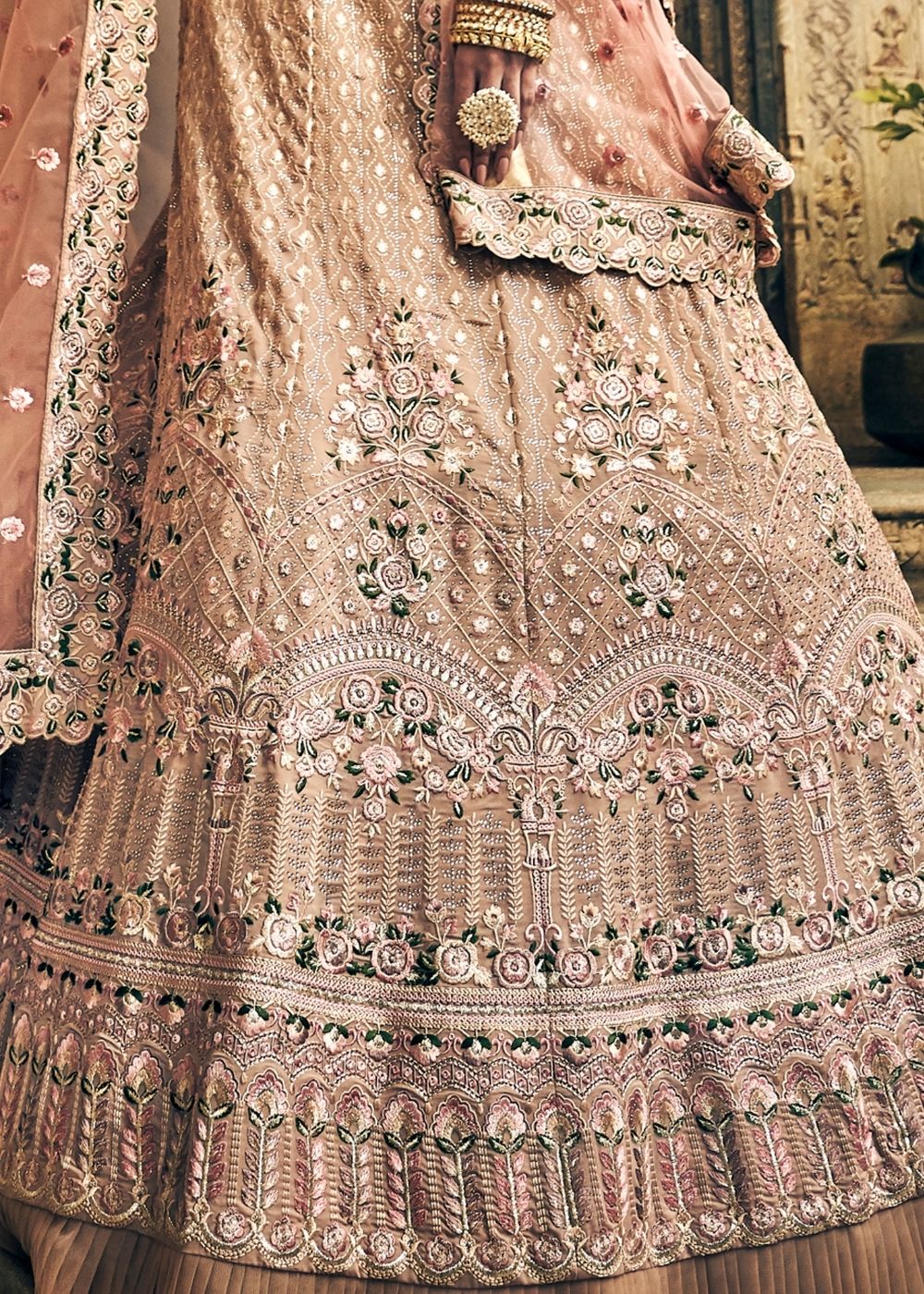 Rose Pink Georgette Lehenga Choli with Swarovski Thread and Zari work (Pre-Order)