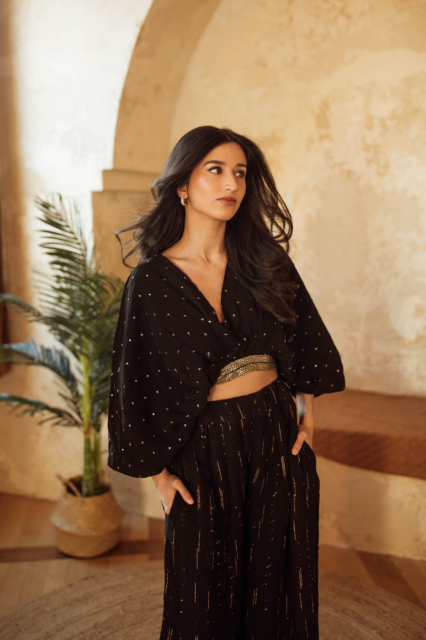 Priscilla Black and Gold Palazzo Suit with Gold Trim Embroidery
